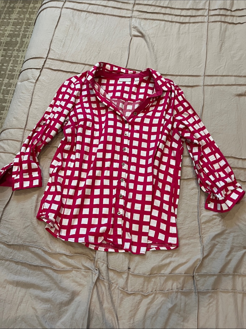 New York & Company Pink and White Checked Button-Down Shirt